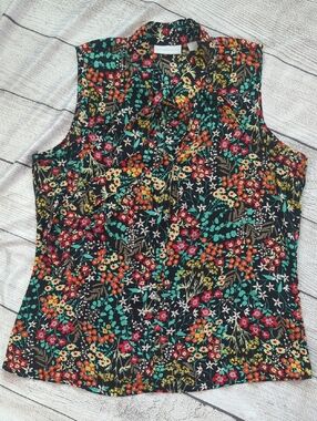 New York & Company Black Floral Tie-Neck Sleeveless Blouse